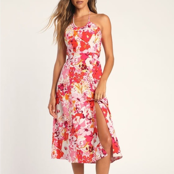 NWT Lulus Paradise Bound Pink Floral Print Halter Midi Dress - Picture 1 of 14